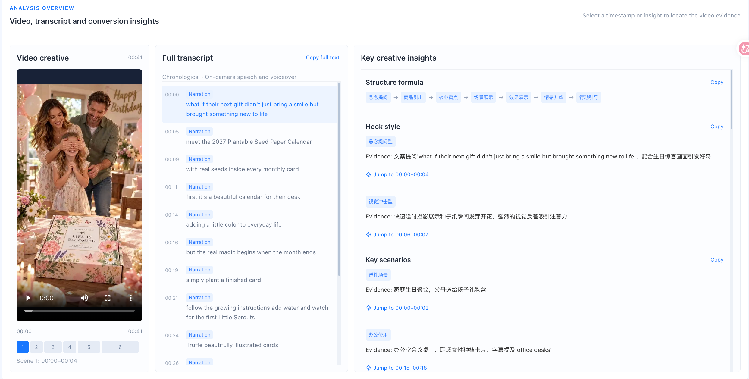 Transcript, creative insights and copy controls