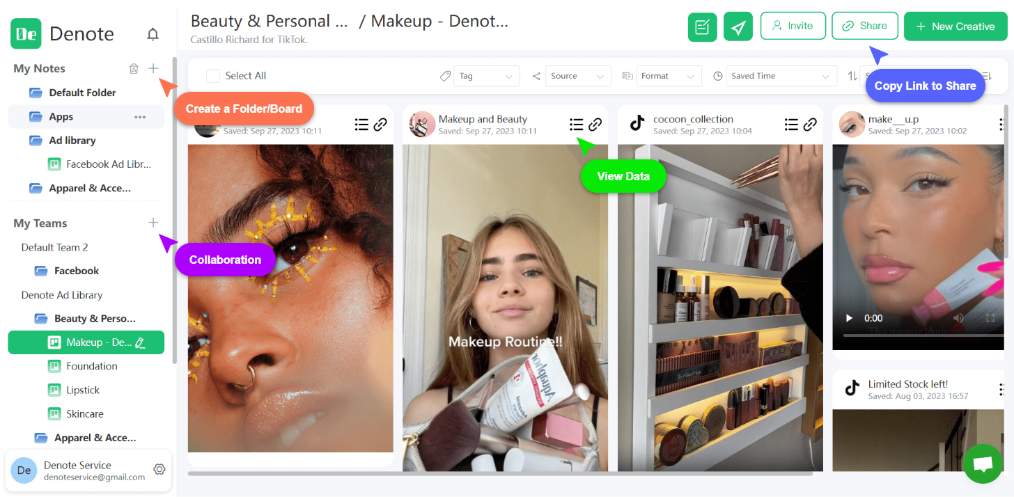 Save ads from TikTok and Facebook Ad Library, organize into boards, inspire your team - Denote