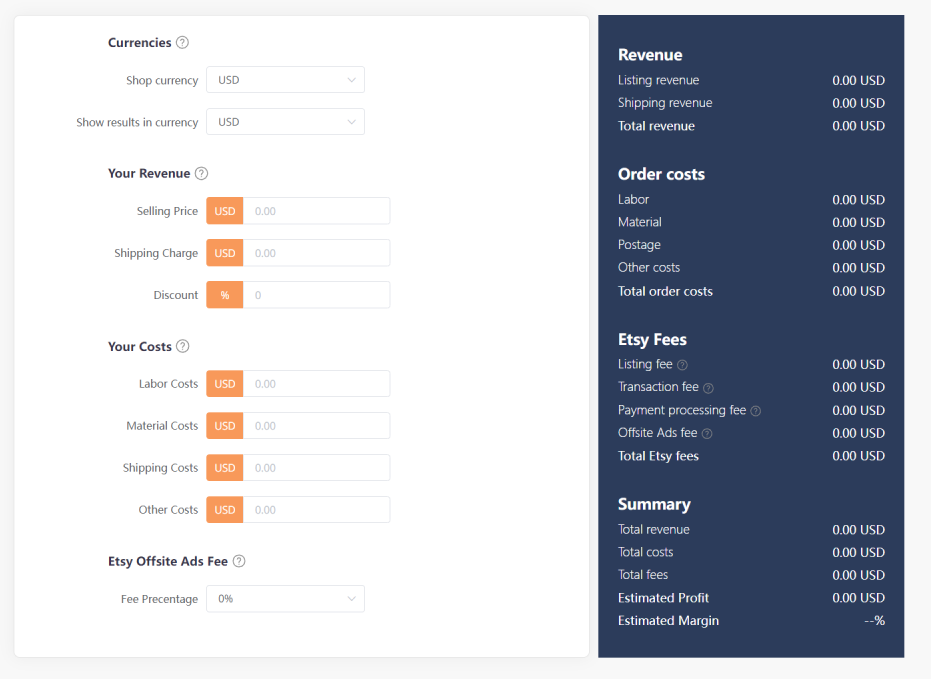 etsy fees, pricing, profits calculator