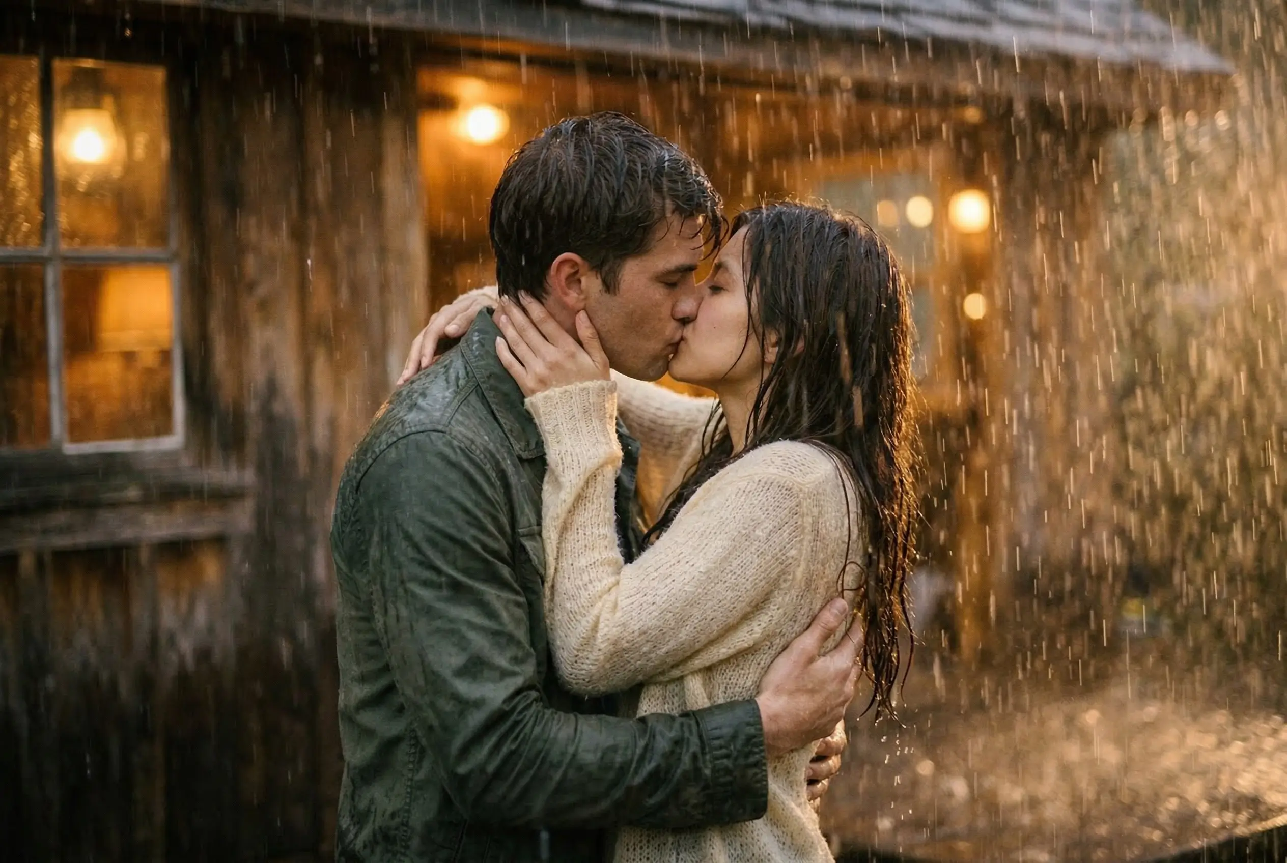 Romantic Couples Kissing in the Rain